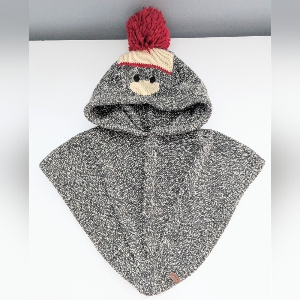 Baby Roots (Size 2T-4T) Knit Poncho/Sweater/Cape w/Monkey Face Pom Pom Hood